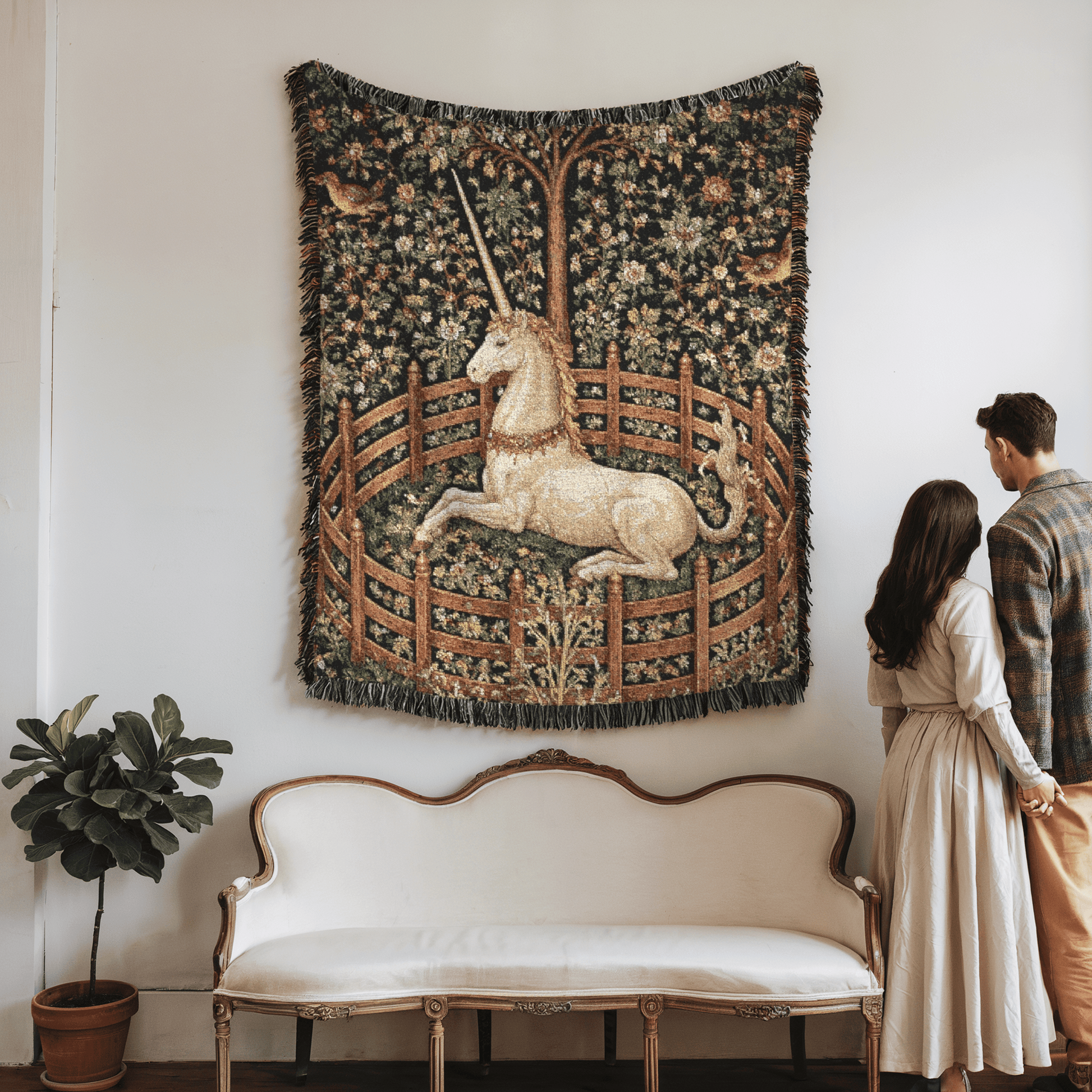Enchanted unicorn woven tapestry styled in a living room