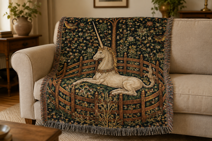Unicorn garden tapestry blanket on a bed