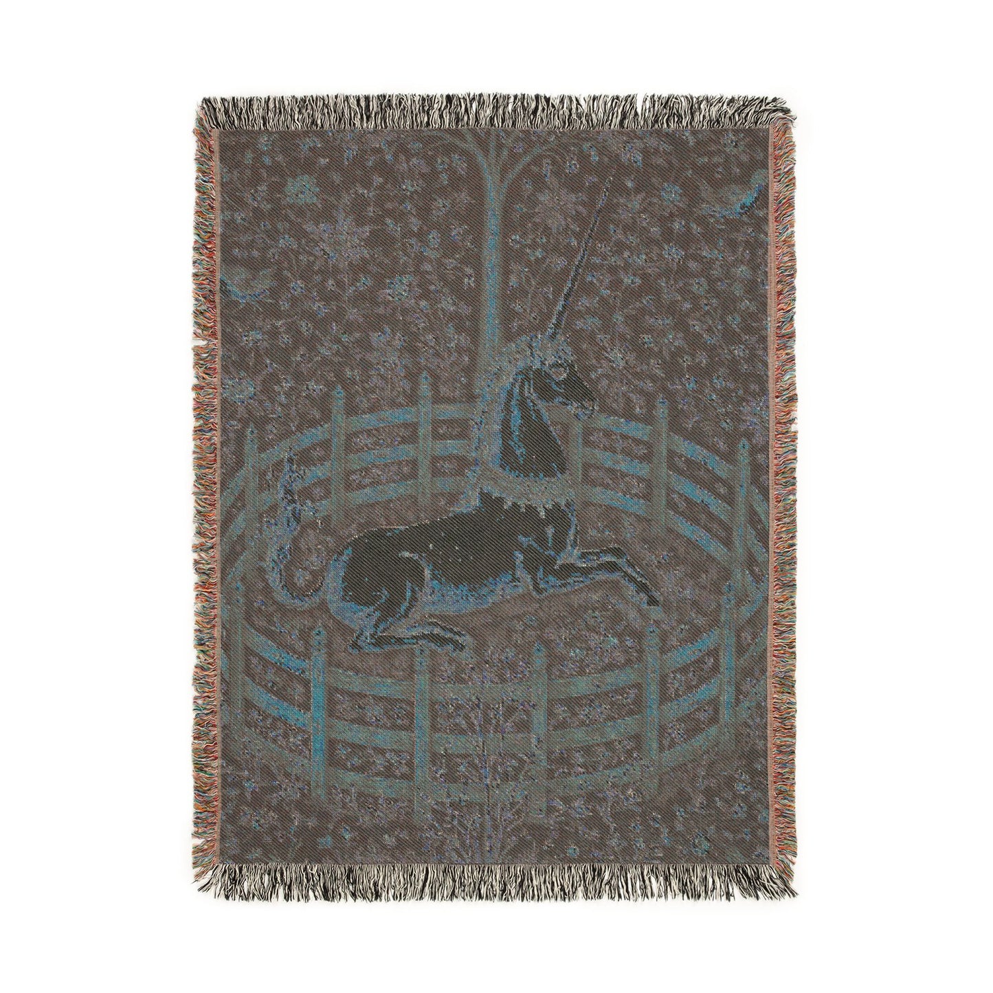 Close-up of the woven unicorn and floral detail