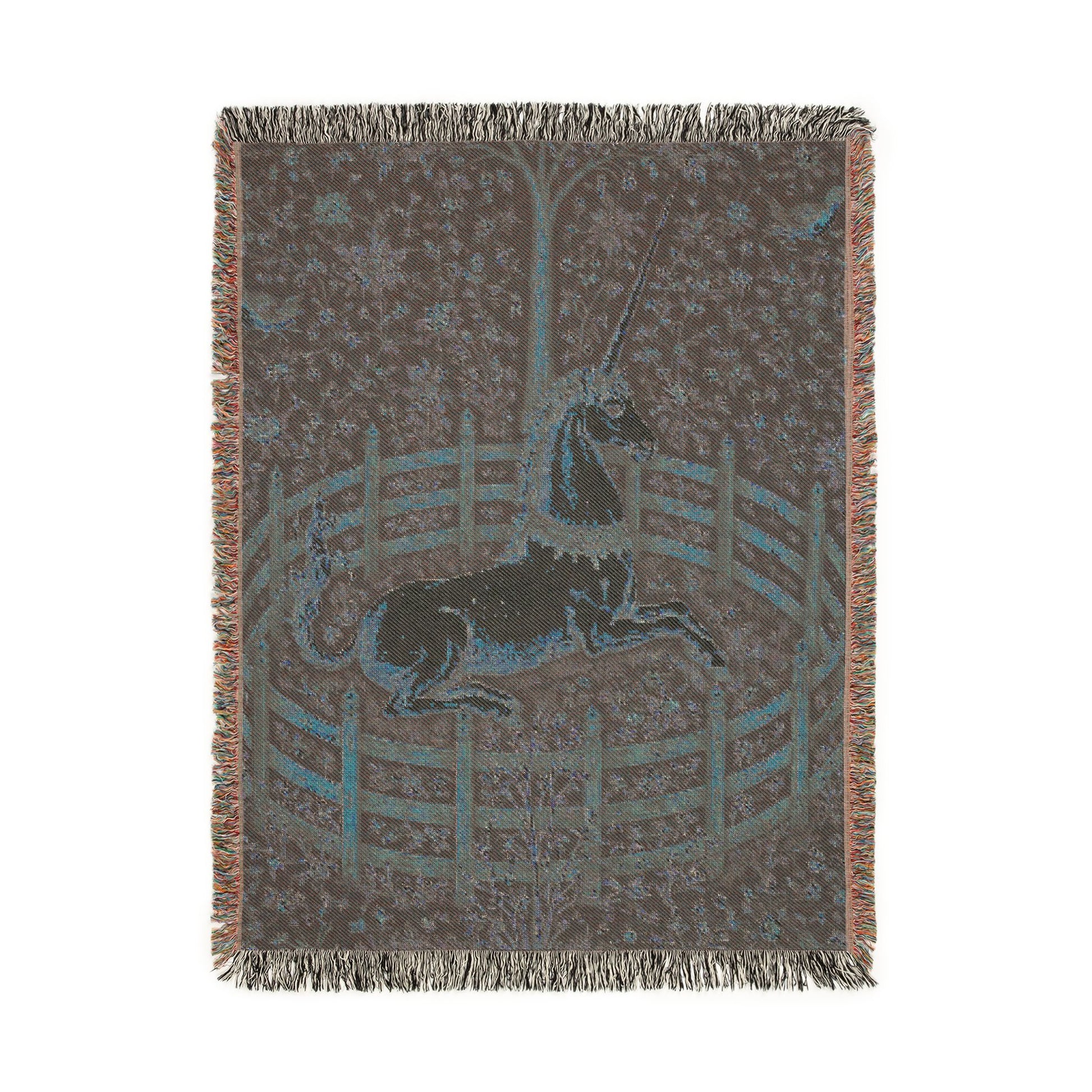 Close-up of the woven unicorn and floral detail