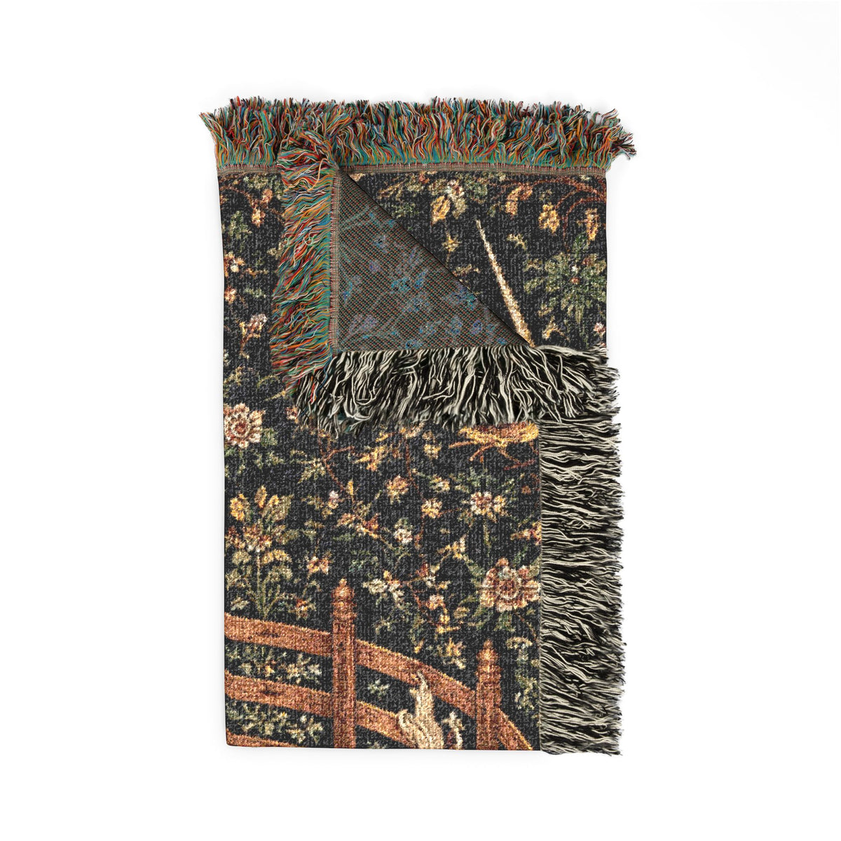 Unicorn tapestry blanket with fringed edges