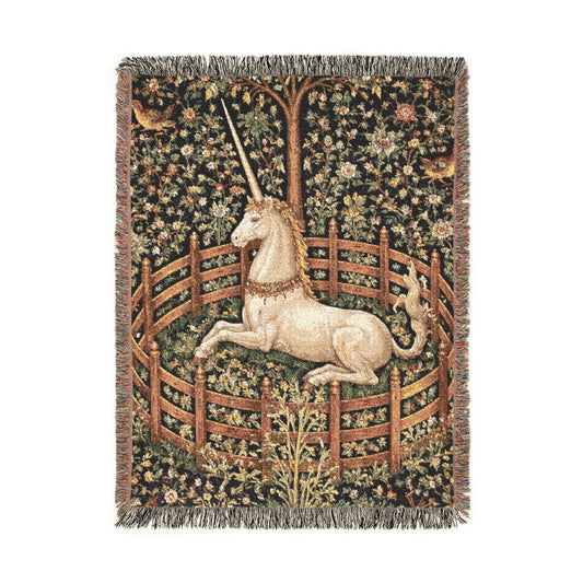 Enchanted unicorn garden woven tapestry blanket in the medieval style, shown flat