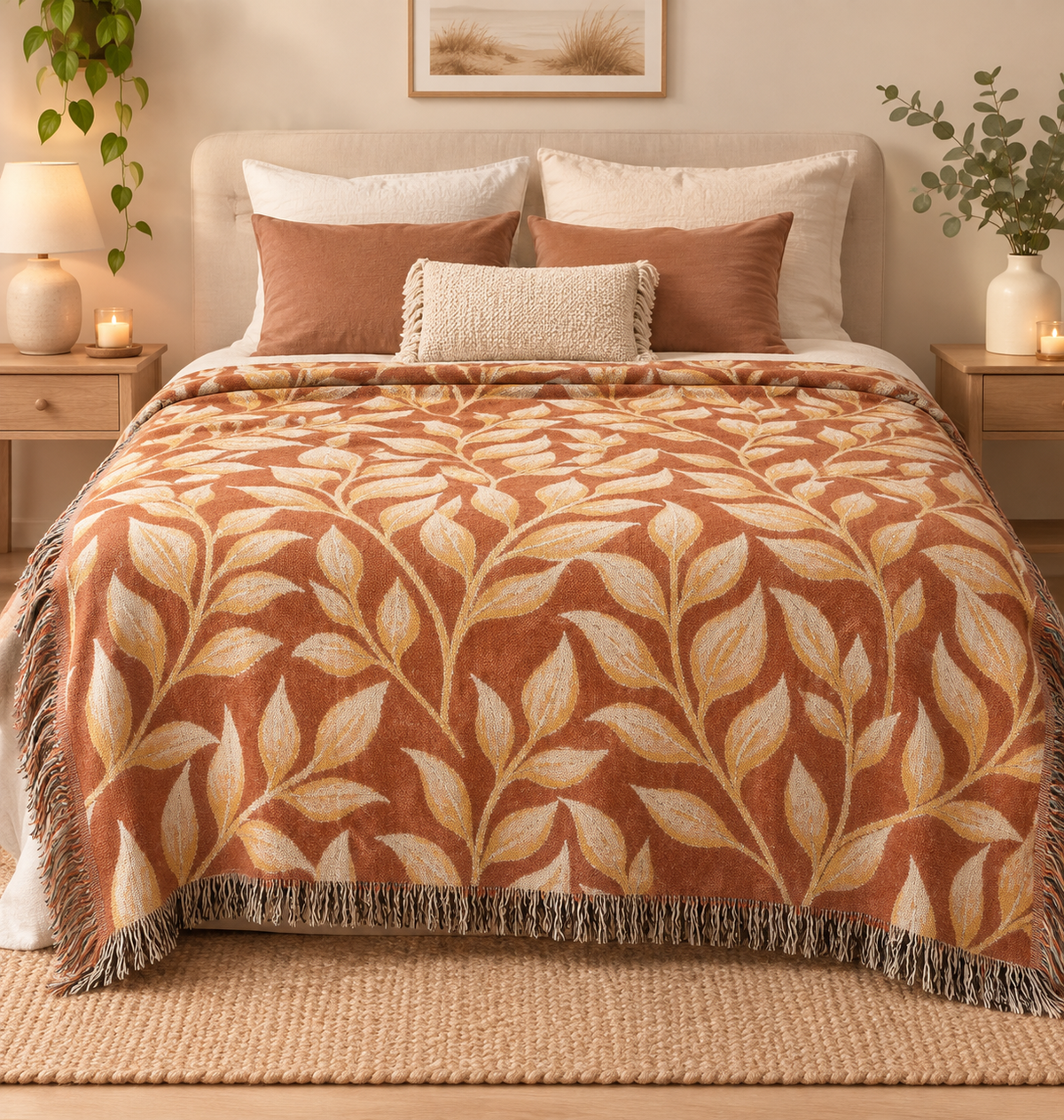 Terracotta leaf woven blanket spread across a made bed with neutral pillows