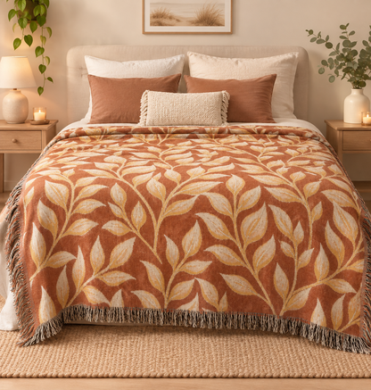 Terracotta leaf woven blanket spread across a made bed with neutral pillows