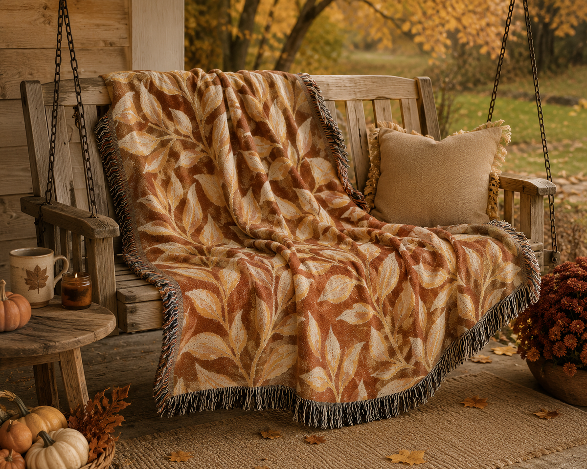 Golden leaves terracotta blanket draped over a chair by a window with fall trees outside