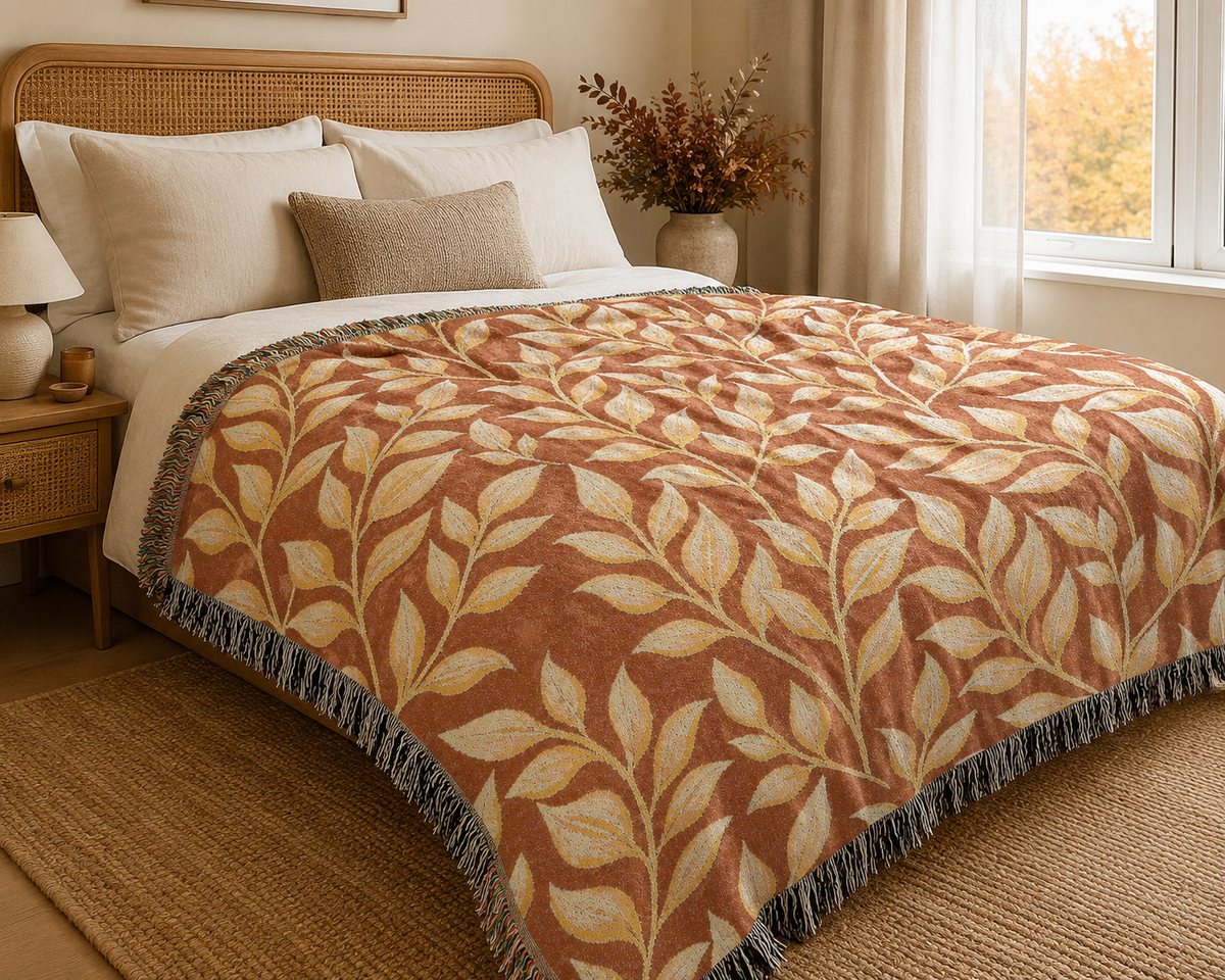 Fall botanical woven blanket layered on a bed in a warm neutral bedroom