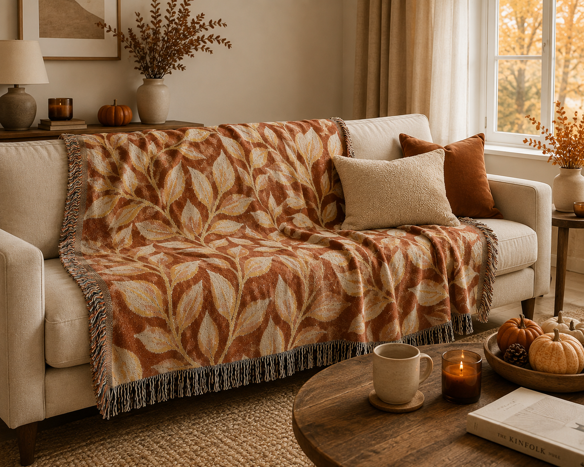 Terracotta leaf throw blanket over a couch with pumpkins and fall decor