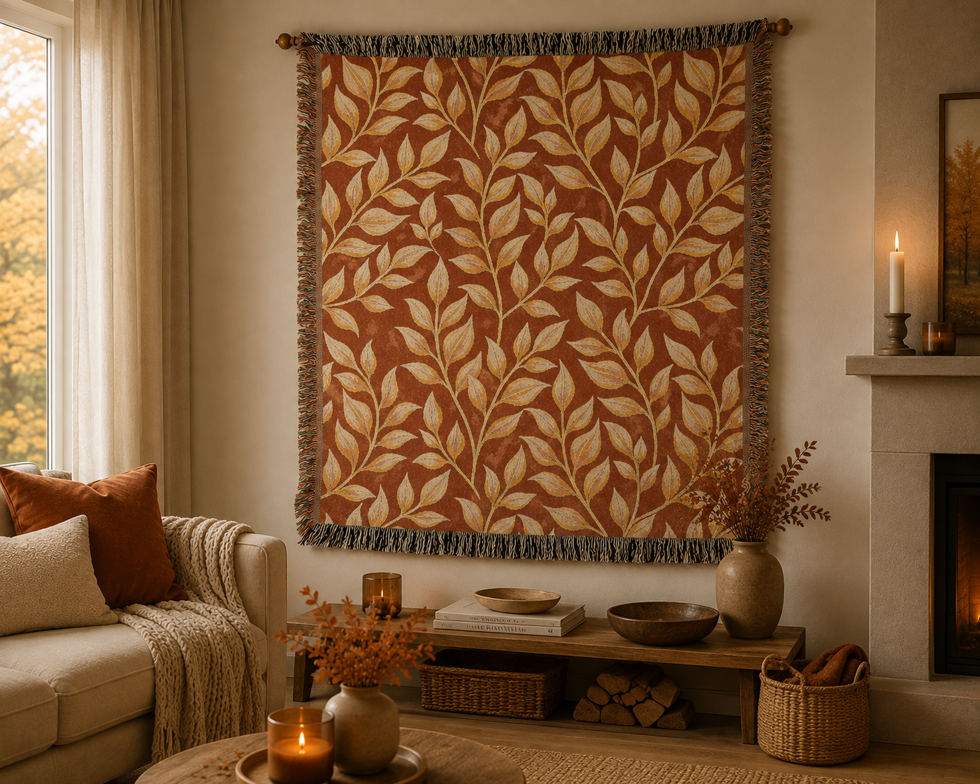 Golden leaves terracotta woven blanket hung on the wall above a fireplace with pumpkins and candles on the mantel