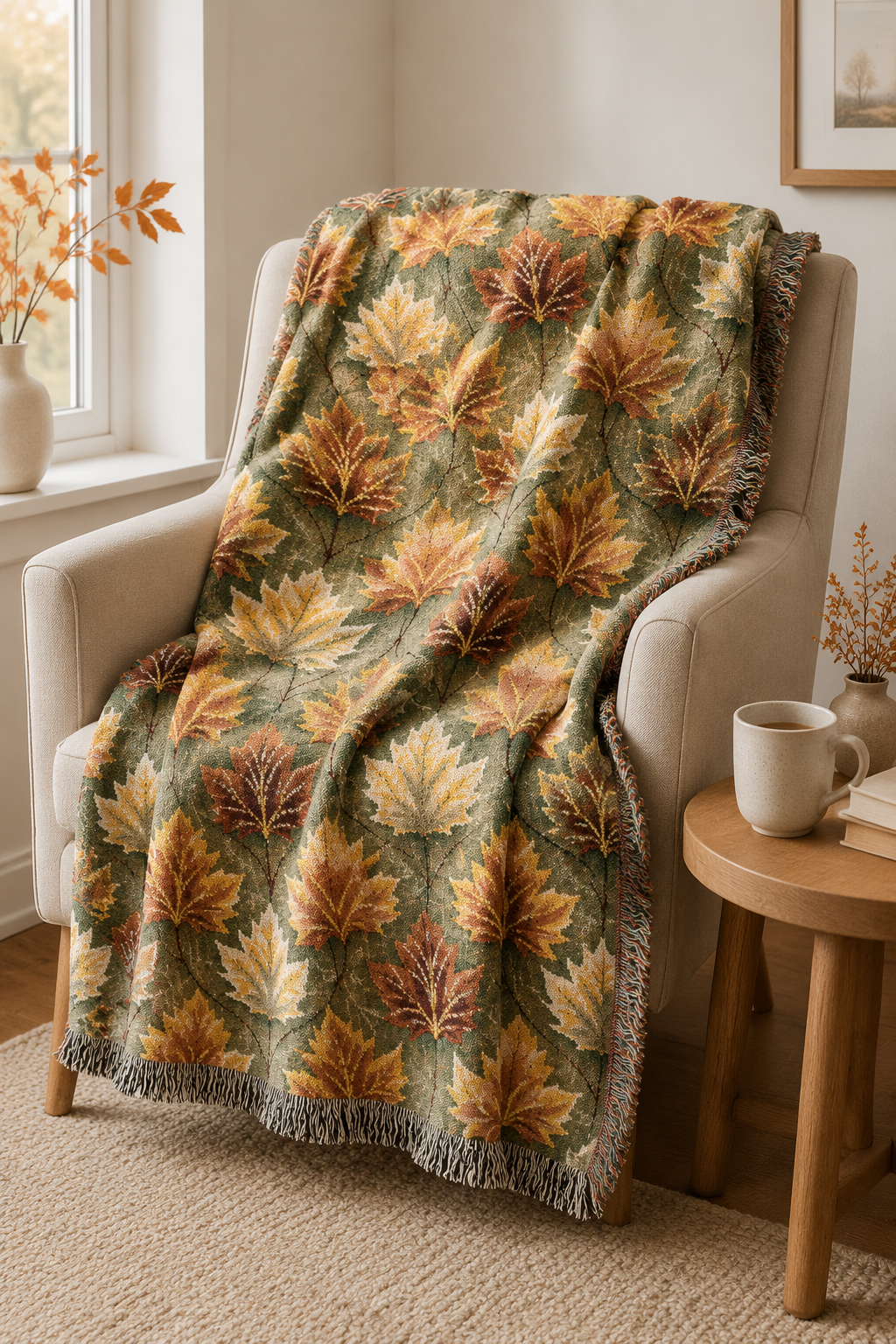 Maple Leaves Sage woven blanket over an armchair by a window with autumn light