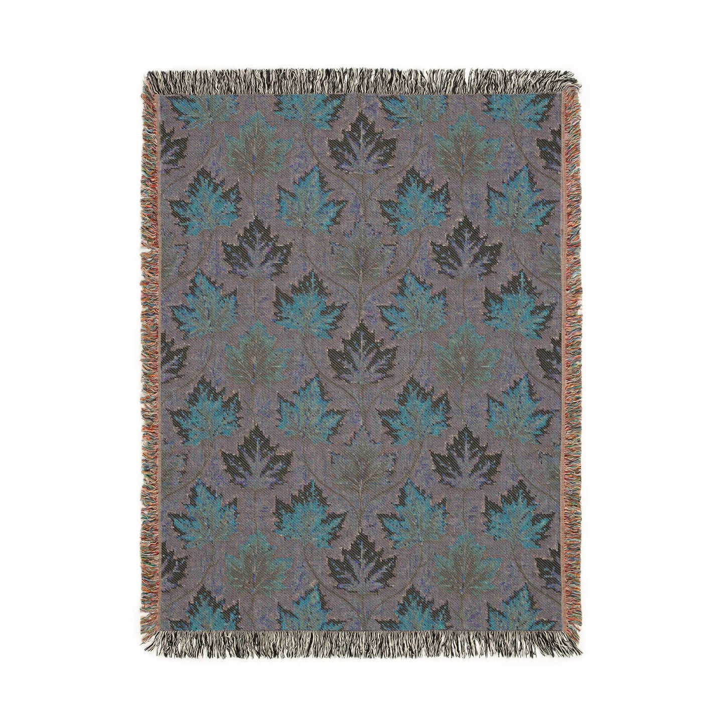 Reverse side of the Maple Leaves Sage woven blanket in muted teal