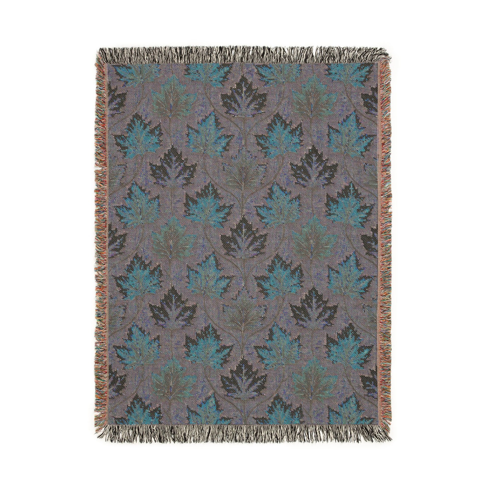 Reverse side of the Maple Leaves Sage woven blanket in muted teal