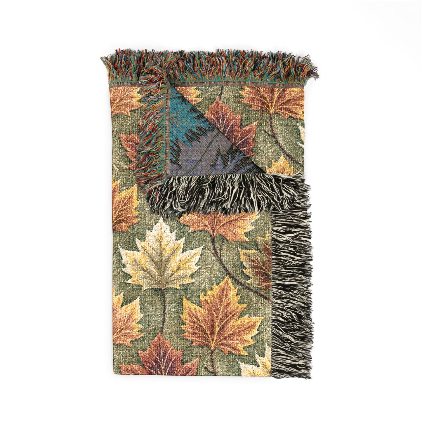 Folded Maple Leaves Sage woven blanket showing the fringed edge and the teal reverse side
