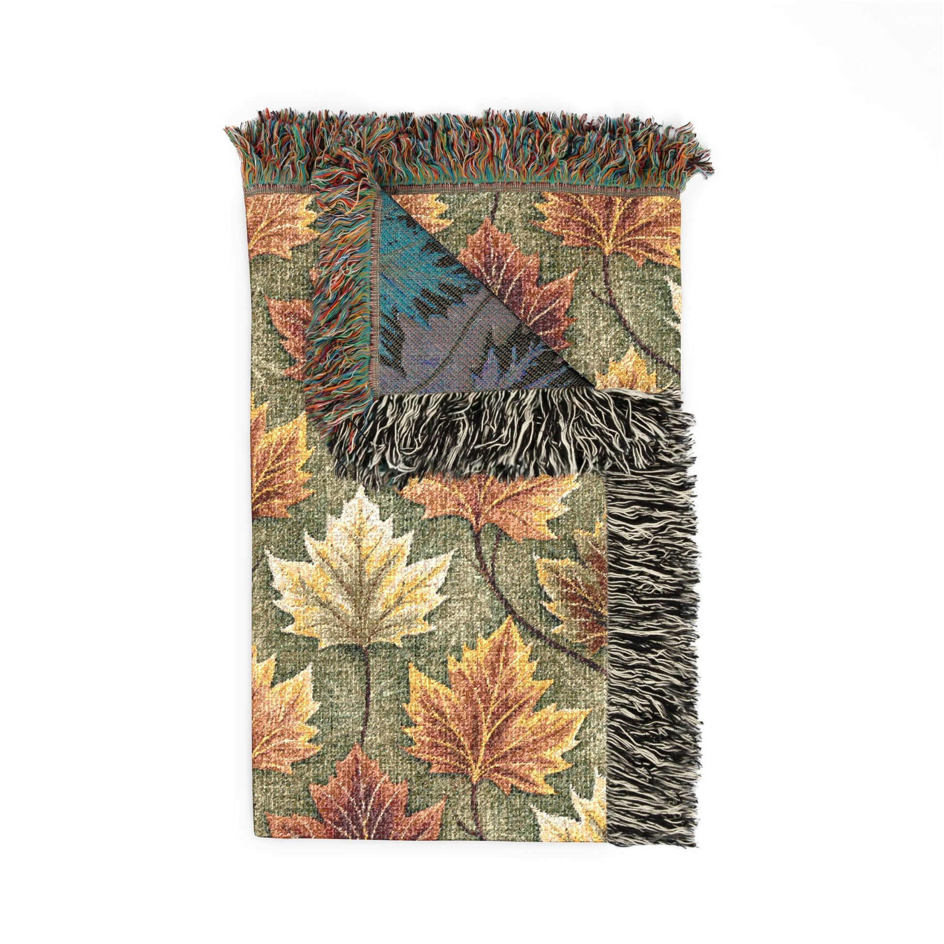 Folded Maple Leaves Sage woven blanket showing the fringed edge and the teal reverse side