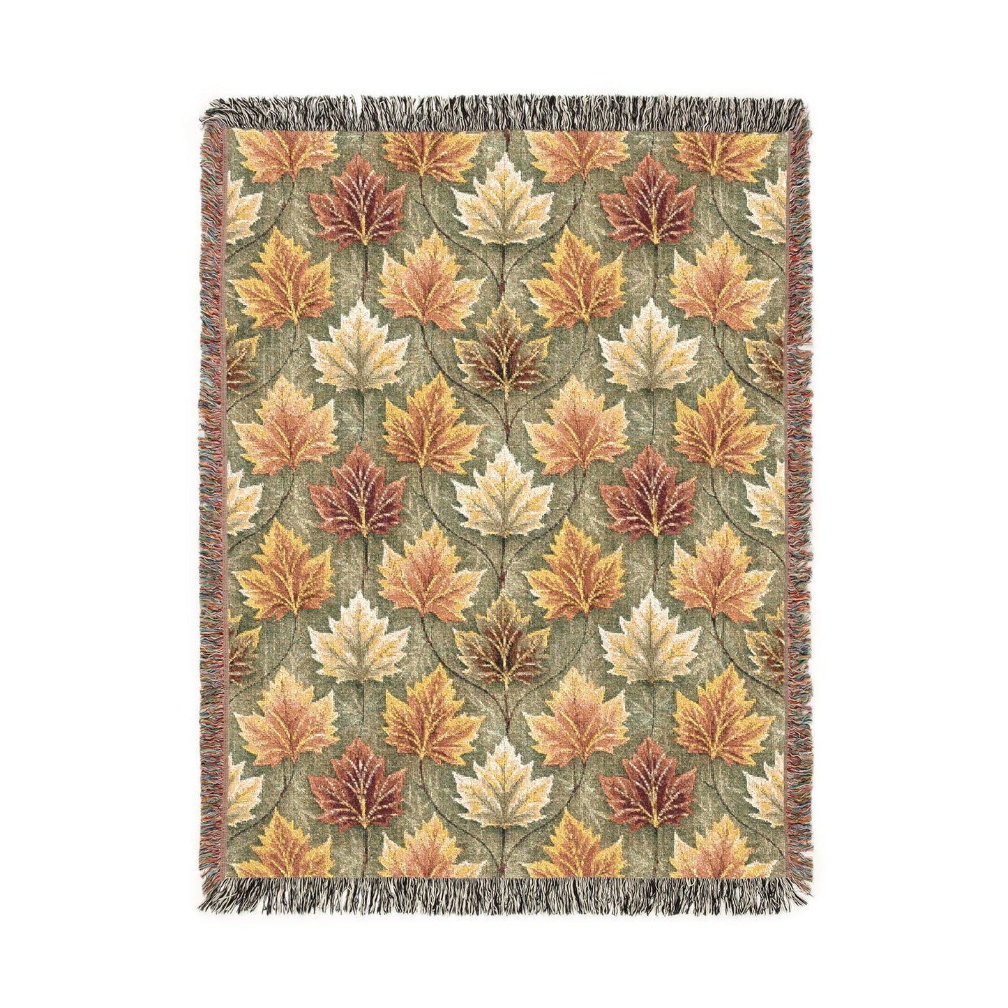 Fall woven blanket with gold, rust and cream maple leaves on sage green, shown flat