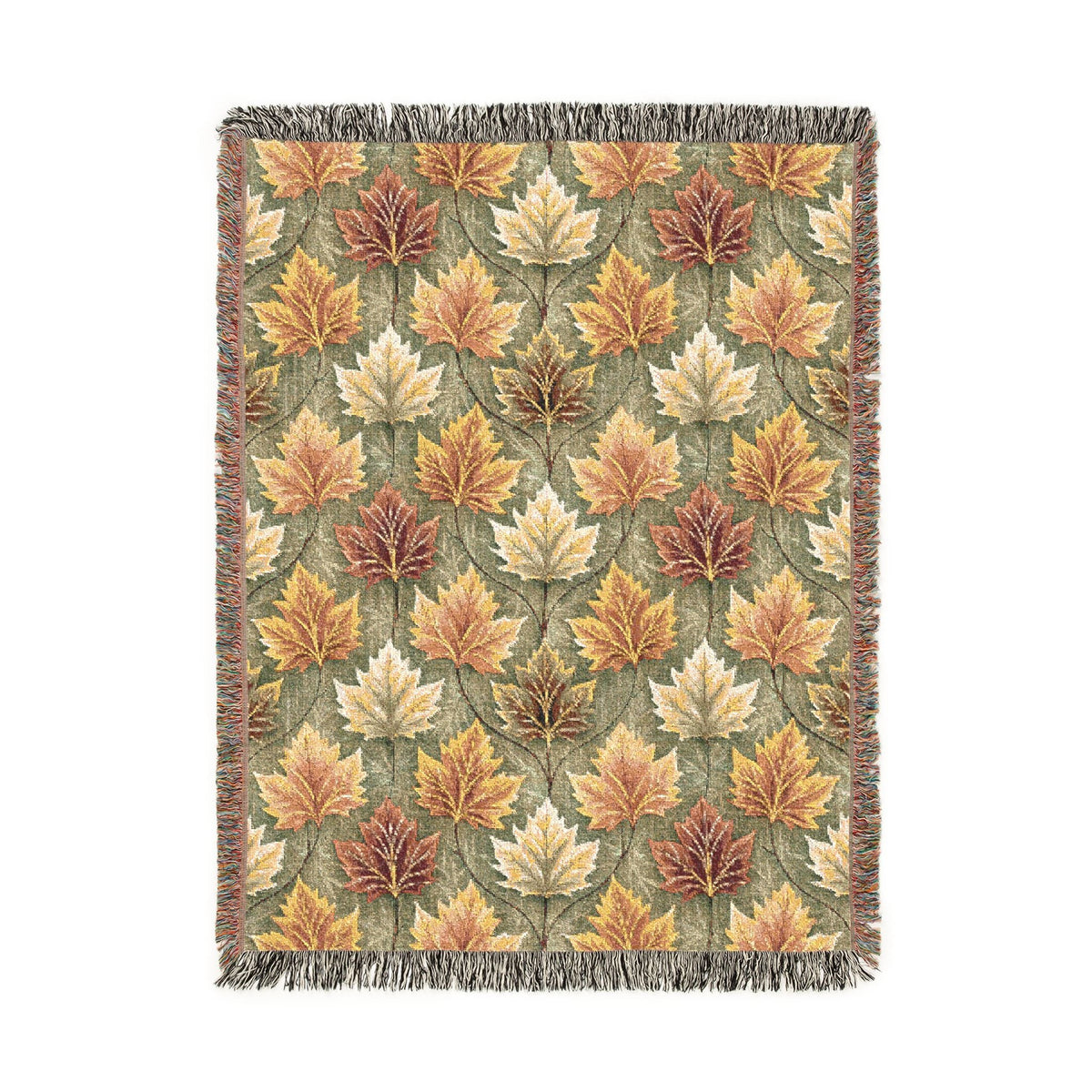 Fall woven blanket with gold, rust and cream maple leaves on sage green, shown flat