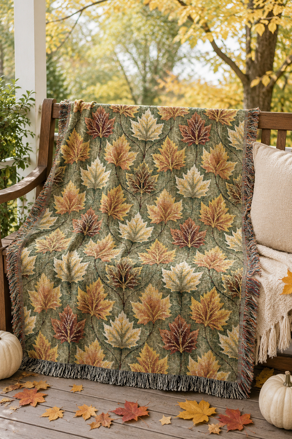 Maple Leaves Sage woven blanket over an outdoor chair with autumn trees behind
