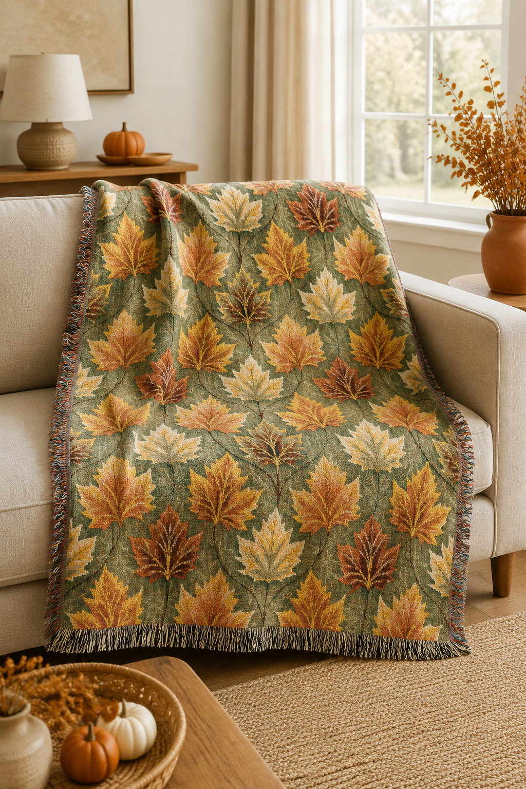 Maple Leaves Sage woven blanket on a cream sofa with pumpkins and autumn decor