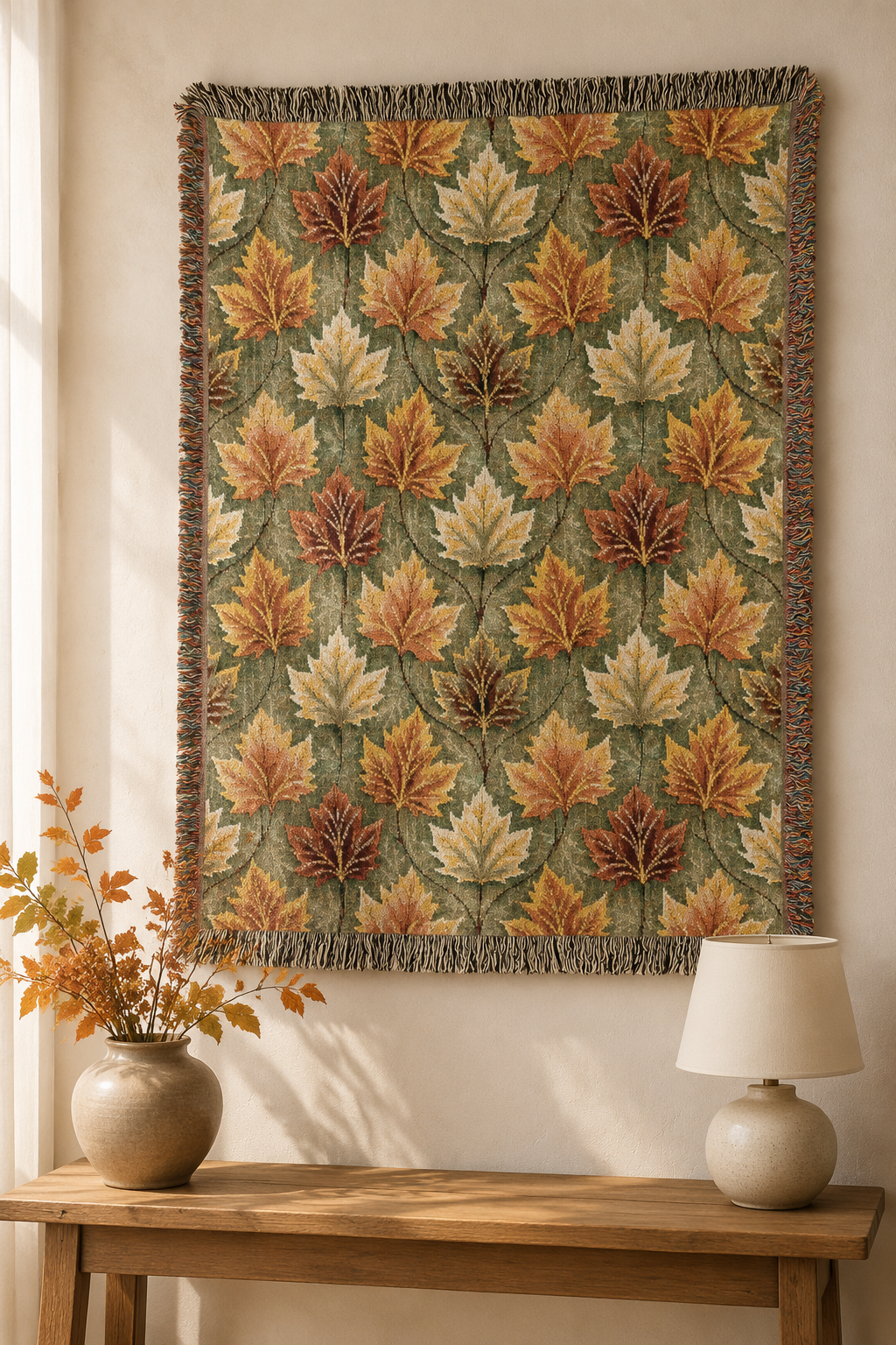 Maple Leaves Sage woven blanket hung on a wall as a tapestry above a bench