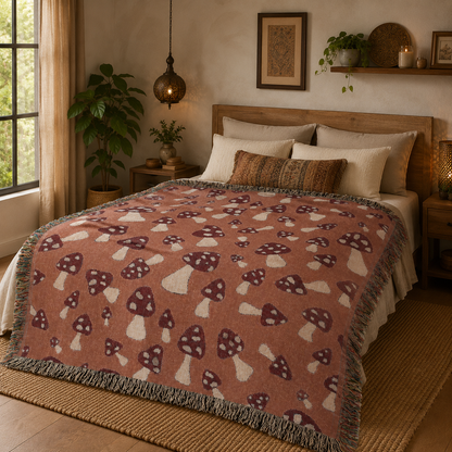 Mushroom Terra woven blanket used as a bedspread in a warm bedroom with framed art above the bed