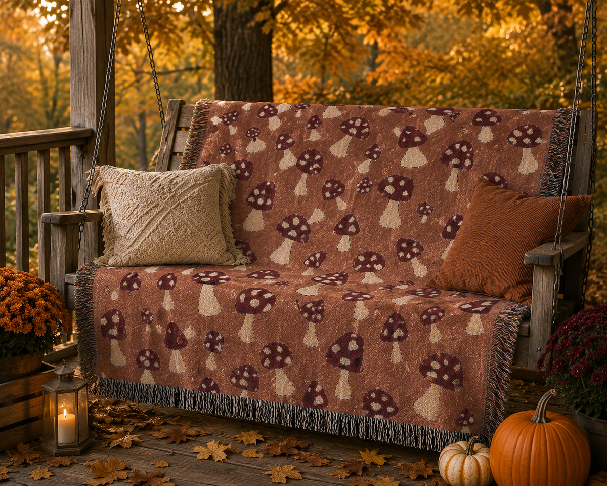 Mushroom Terra woven blanket draped over a cream sofa in a bright neutral living room