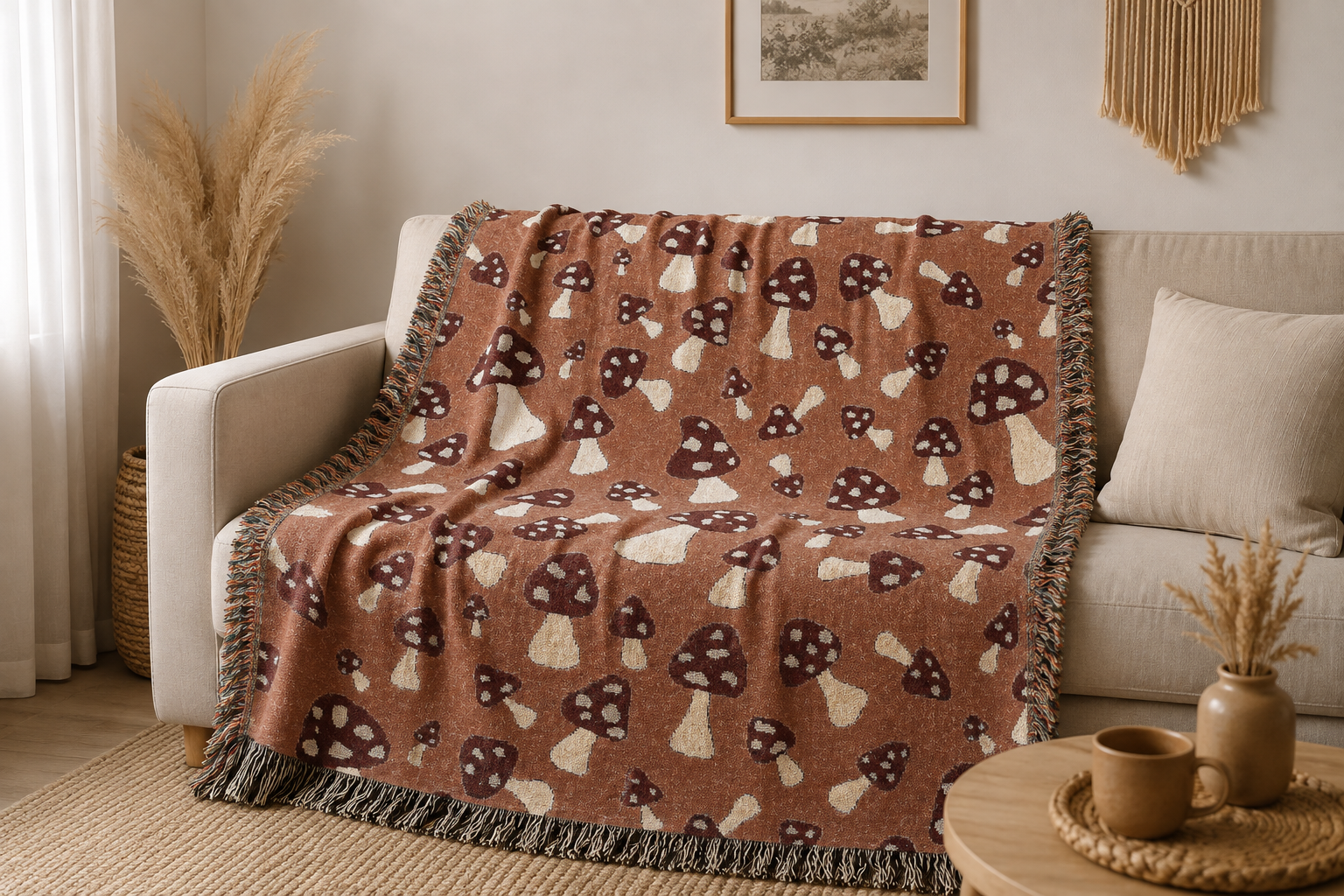 Mushroom Terra woven blanket over an outdoor chair with pumpkins and autumn trees behind