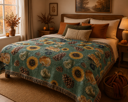 Sunflower Teal woven blanket used as a bedspread in a warm bedroom with bedside lamps