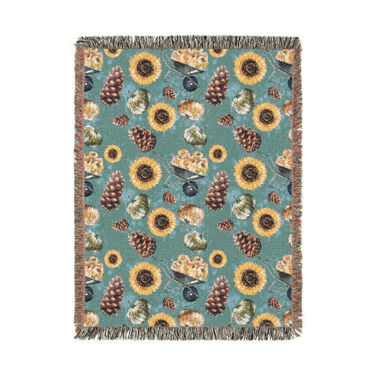 Fall woven blanket with sunflowers, pinecones and leaves on a muted teal ground, shown flat
