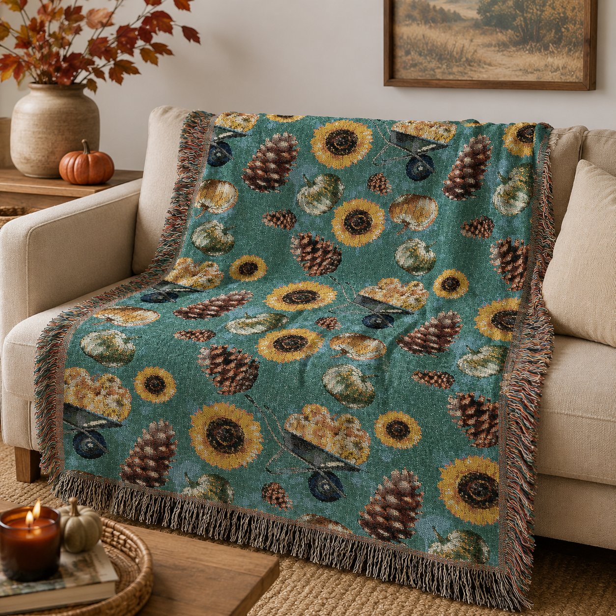 Sunflower Teal woven blanket draped over a sofa in a living room with framed art and a plant