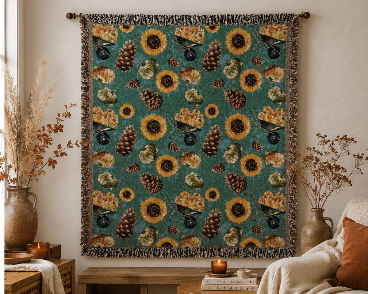 Sunflower Teal woven blanket hung on a wall as a tapestry above a console with dried grasses