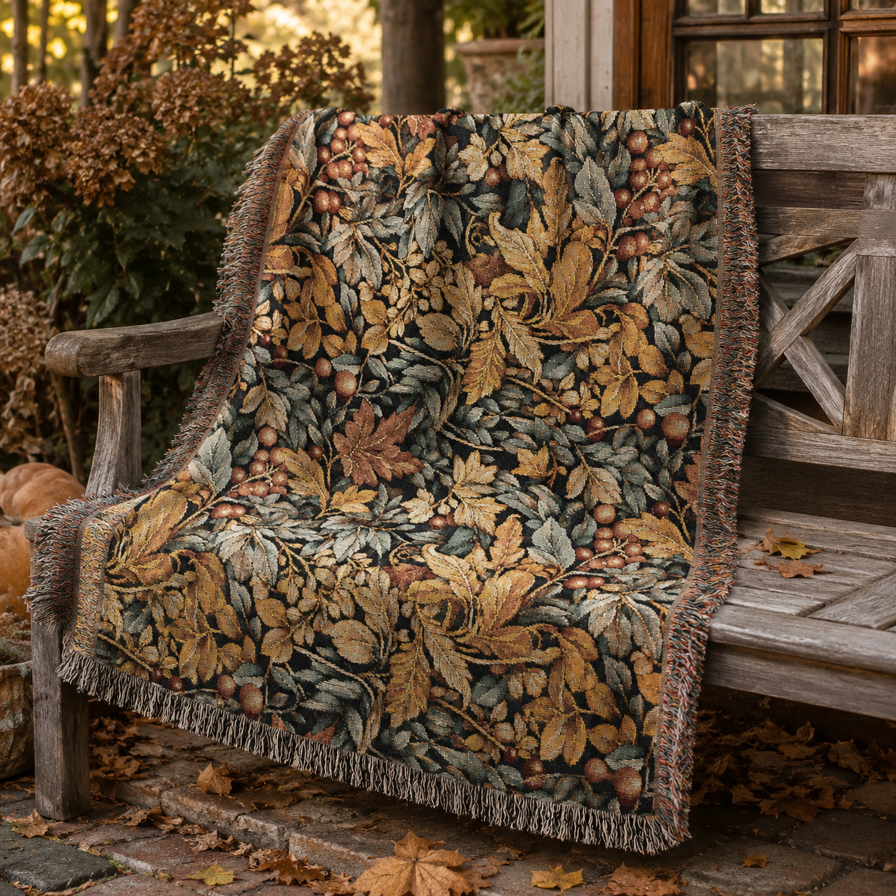 Gold and sage leaf tapestry blanket draped over an armchair by a sunlit window