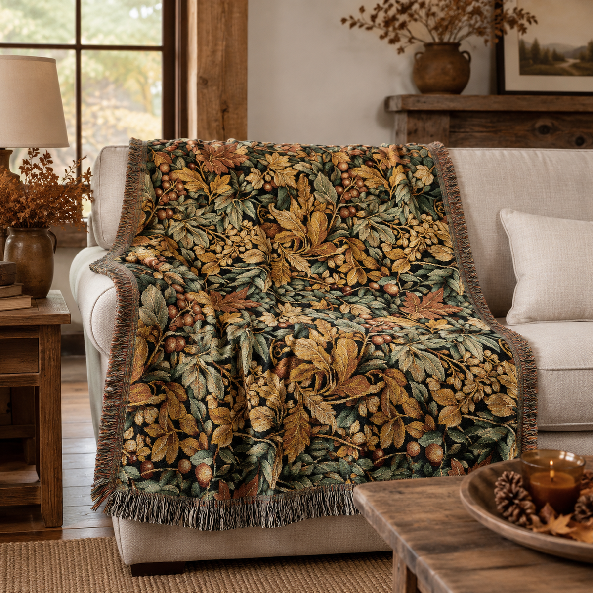 William Morris fall blanket draped over the arm of a cream sofa