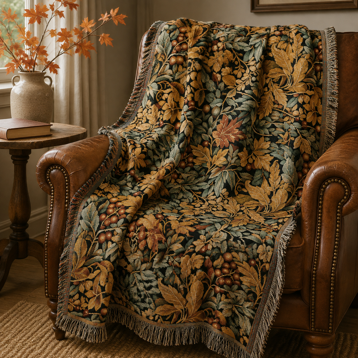 Berry and leaf woven blanket over a leather armchair in a wood panelled room