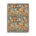 William Morris style fall woven blanket with gold and sage leaves and coral berries on a dark ground