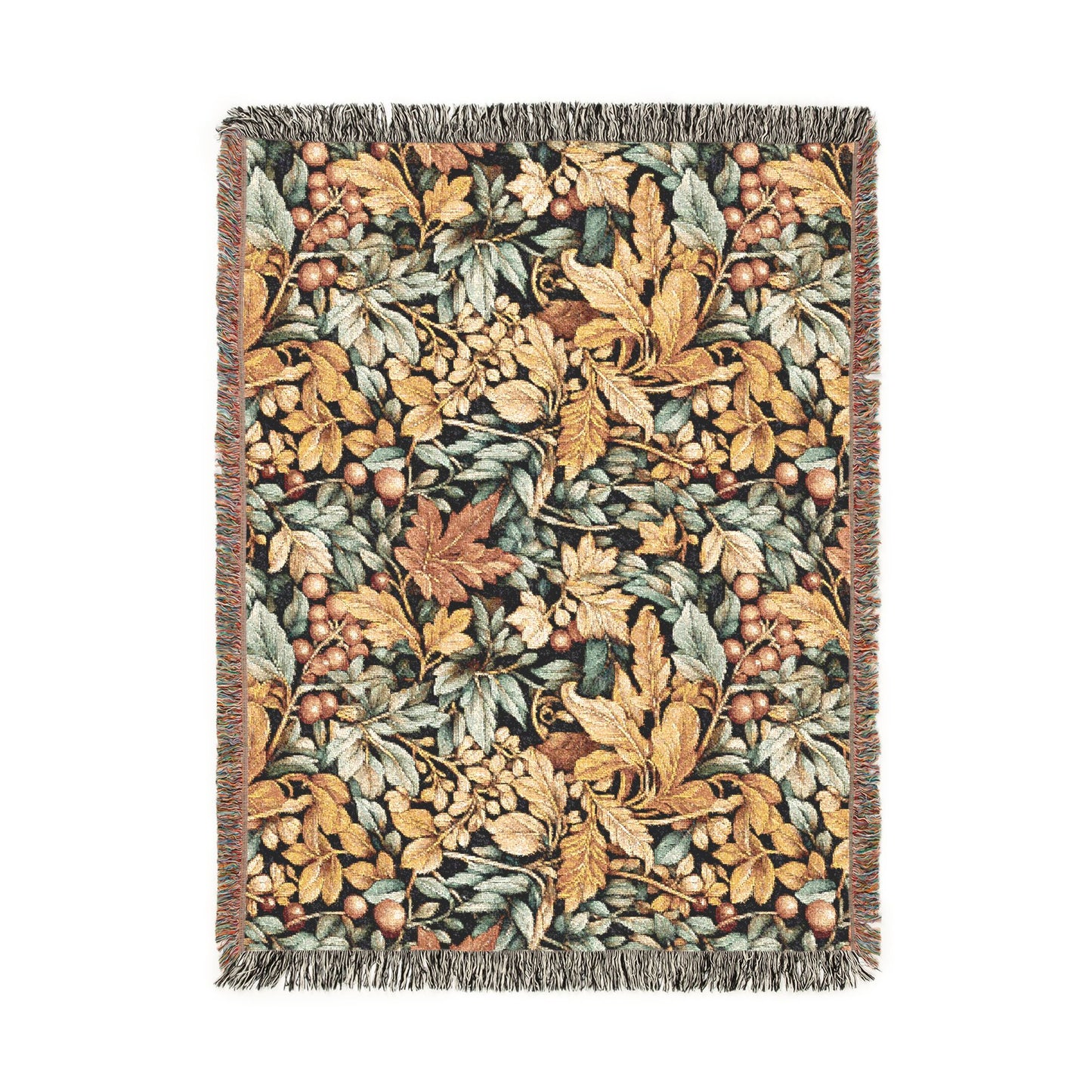 William Morris style fall woven blanket with gold and sage leaves and coral berries on a dark ground