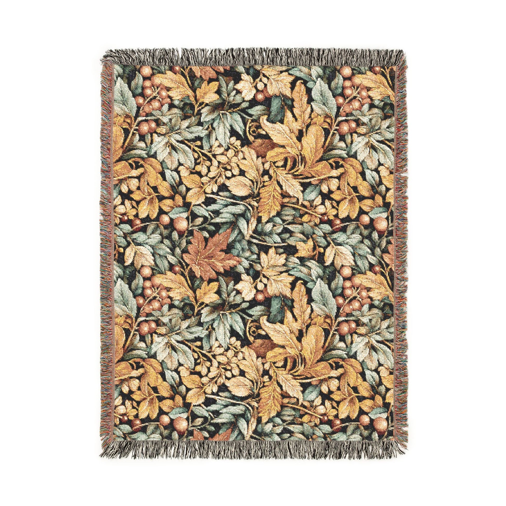 William Morris style fall woven blanket with gold and sage leaves and coral berries on a dark ground