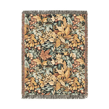 William Morris style fall woven blanket with gold and sage leaves and coral berries on a dark ground