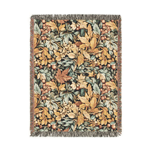 William Morris style fall woven blanket with gold and sage leaves and coral berries on a dark ground