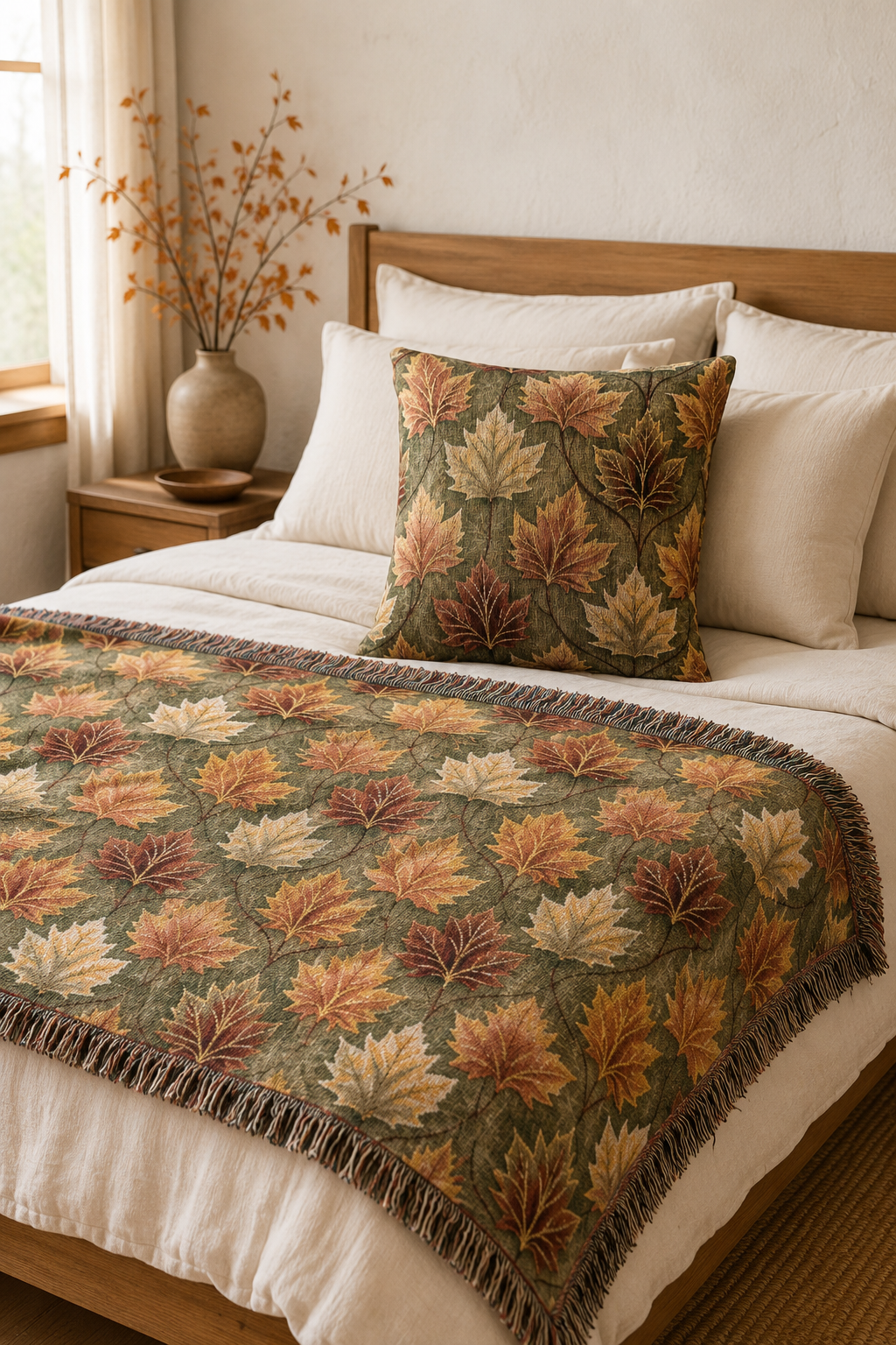 Maple Leaves Sage woven pillow on a bed with the matching maple leaves woven blanket