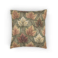 Fall woven pillow with gold, rust and cream maple leaves on sage green, front view