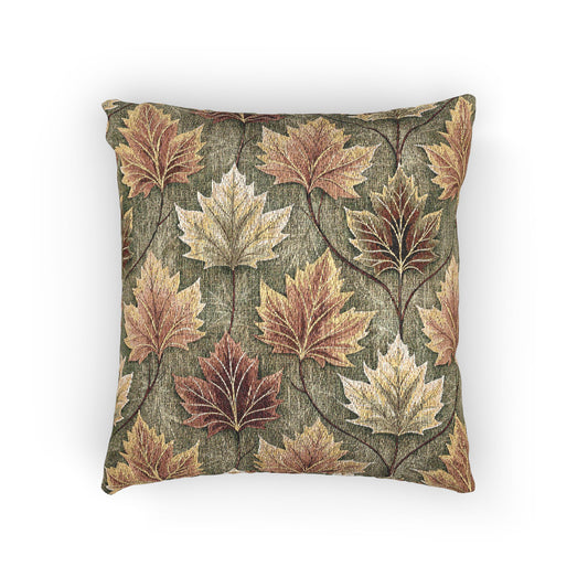 Fall woven pillow with gold, rust and cream maple leaves on sage green, front view