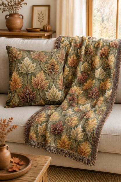 Maple Leaves Sage woven pillow with the matching maple leaves woven blanket on a sofa