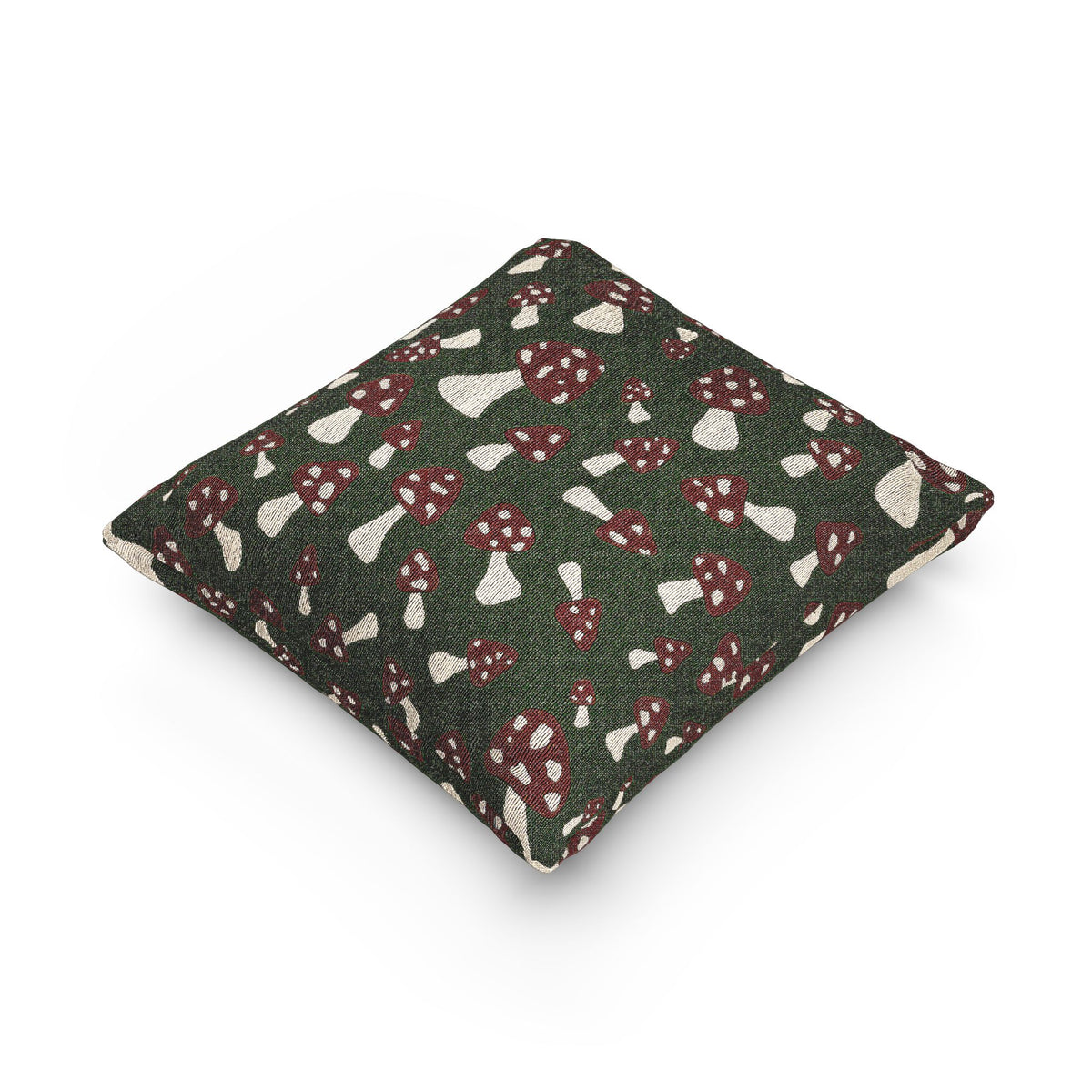 Mushroom Green woven pillow shown at an angle to show its depth and seam