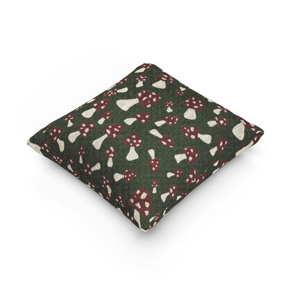 Mushroom Green woven pillow shown at an angle to show its depth and seam