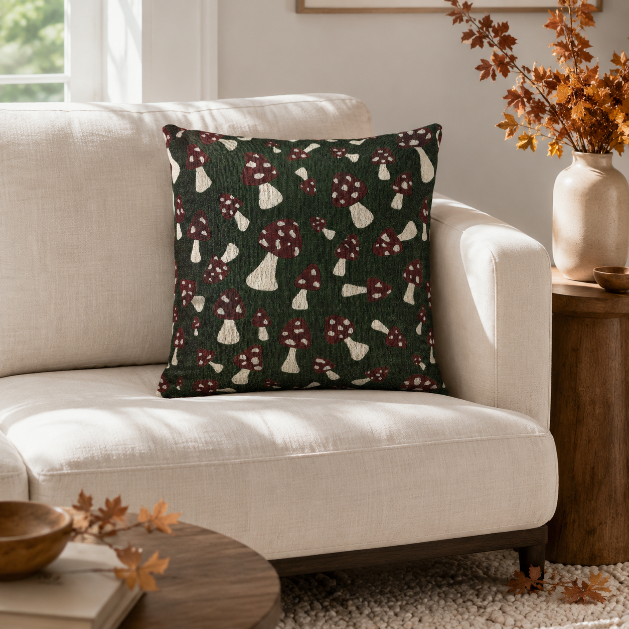 Forest green mushroom pillow on a cream armchair by a window with fall branches
