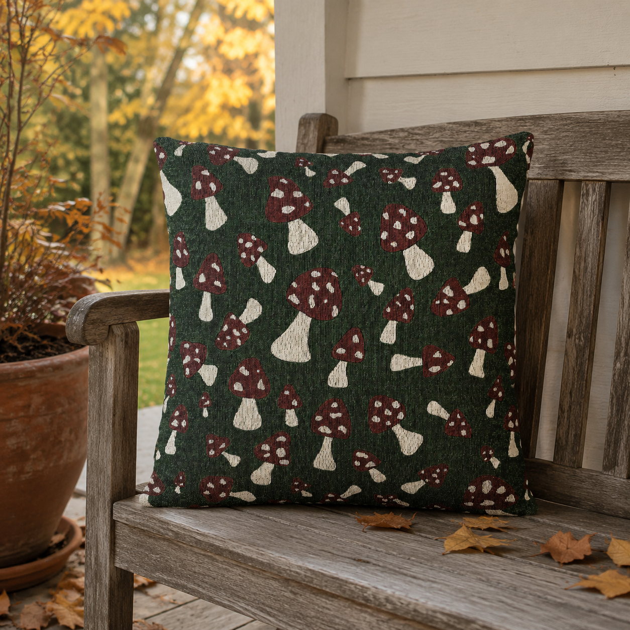 Toadstool woven pillow on a wooden bench with autumn leaves outside