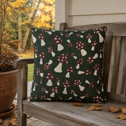 Toadstool woven pillow on a wooden bench with autumn leaves outside