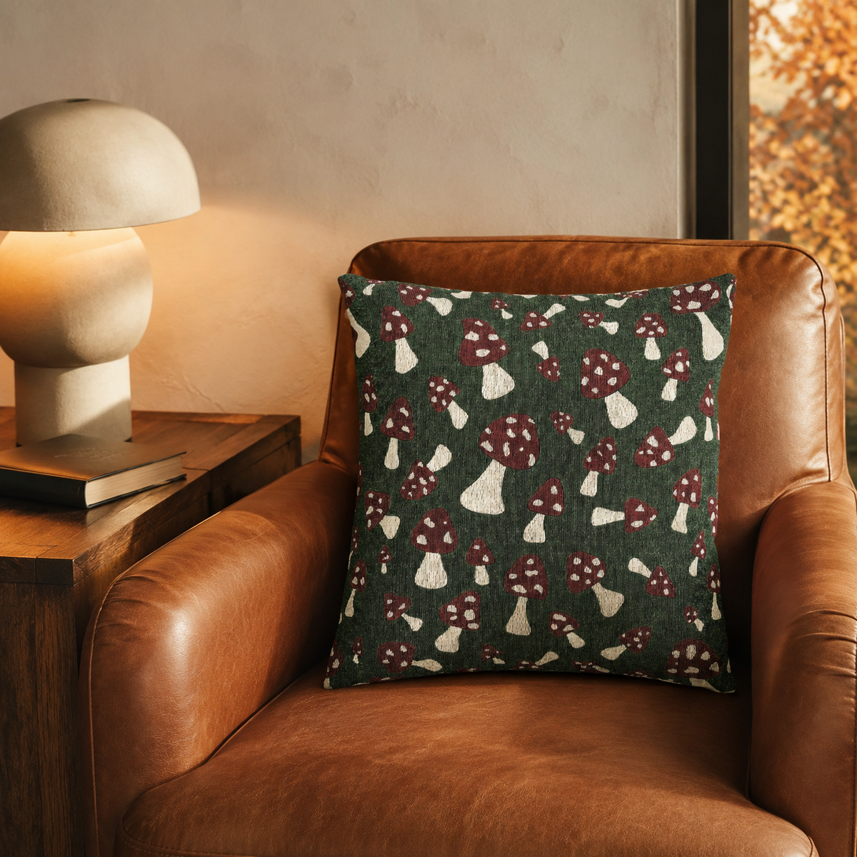 Mushroom Green pillow on a tan leather armchair beside a lamp