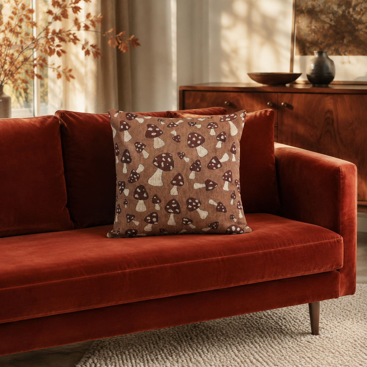 Mushroom woven pillow on a rust red velvet sofa in a fall living room