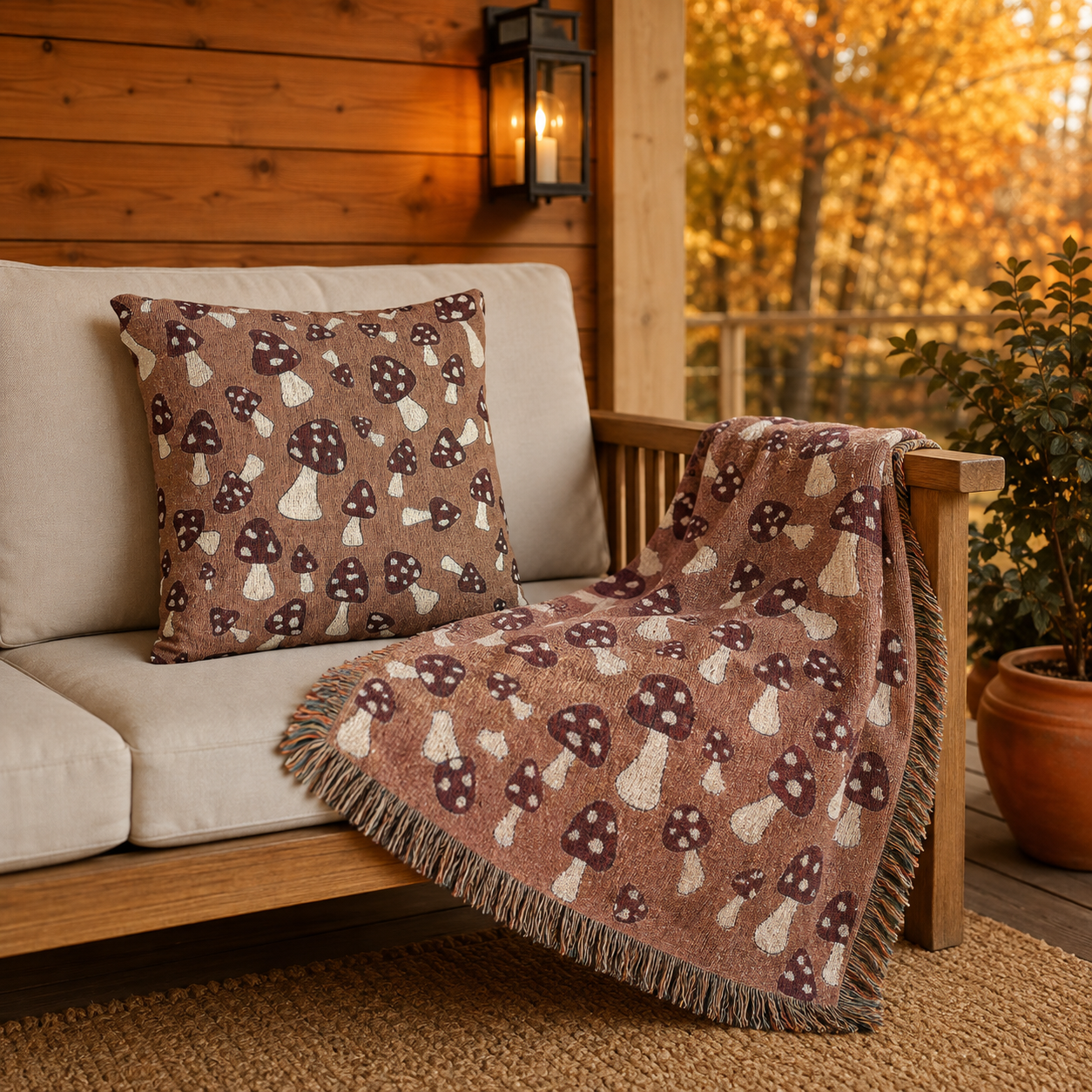 Mushroom Terra pillow with a matching throw on a cream sofa by a window