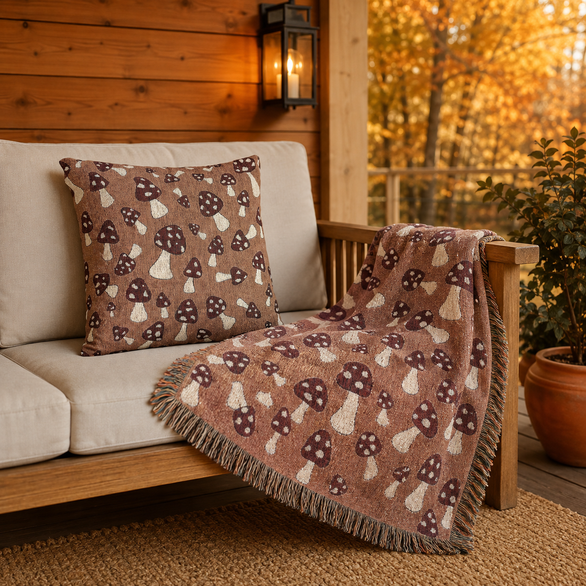 Mushroom Terra pillow with a matching throw on a cream sofa by a window